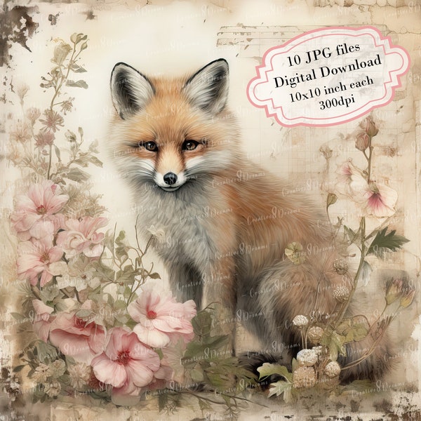 Shabby Chic Fox with Flowers Clipart Bundle- 10 High Quality Watercolor JPGs- Decoupage, Journaling, Scrapbooking, Digital Download
