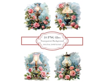 Antique Lamp with Pink Roses PNG Clipart Bundle- Digital Download