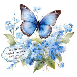 Blauer Schmetterling mit Vergissmeinnicht Blumen Clipart Bundle - 10 hochwertige Aquarell JPGs - Journaling, Scrapbook Versorgung, digitaler Download
