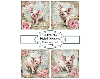 Shabby Chic Piggy on Vintage Page JPG Clipart Bundle- Digital Download