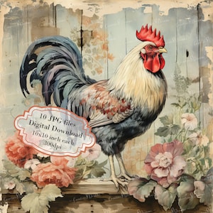 Shabby Chic Hahn im Blumengarten Clipart Bundle - 10 hochwertige Aquarell JPGs - Journaling, Scrapbook Versorgung, digitaler Download