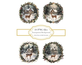 Deer by a Cottage in Christmas Wreath PNG Clipart Bundle- Digital Download