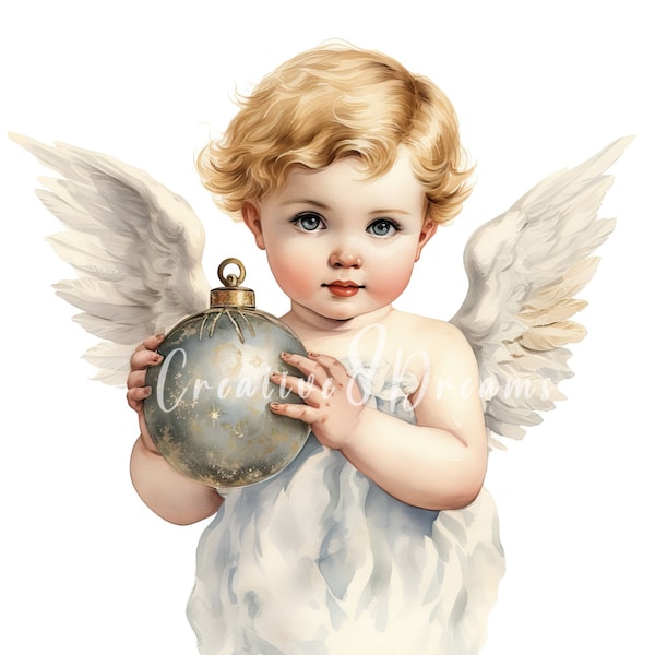 Angel Baby Boy Holding Christmas Ornament Clipart Bundle- 10 High Quality Watercolor JPGs- Holiday, Journaling, Scrapbook, Digital Download