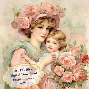 Paquete de imágenes prediseñadas vintage de madre e hijo con flores: 10 imágenes en acuarela de alta calidad (JPG) para el Día de la Madre, para diario, scrapbooking y descarga digital.