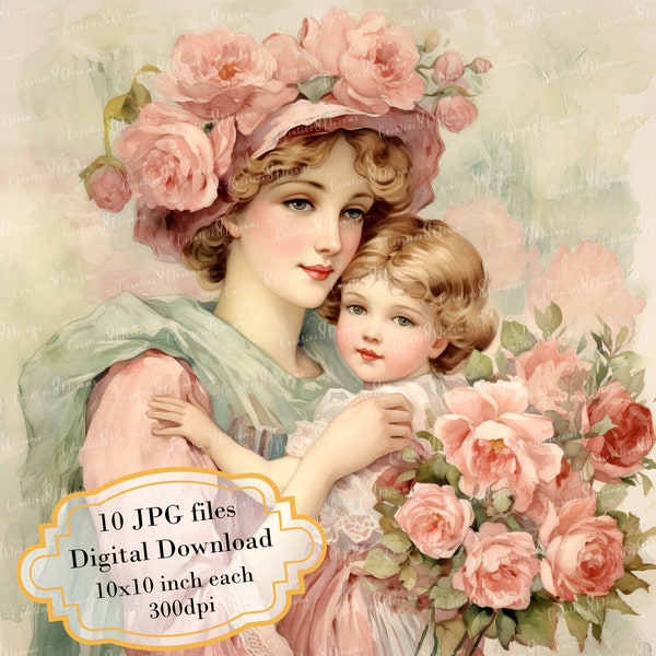 Vintage Mother And Child in Flowers Clipart Bundle- 10 High Quality Watercolor JPGs- Mother's Day, Journaling Scrapbooking, Digital Download
