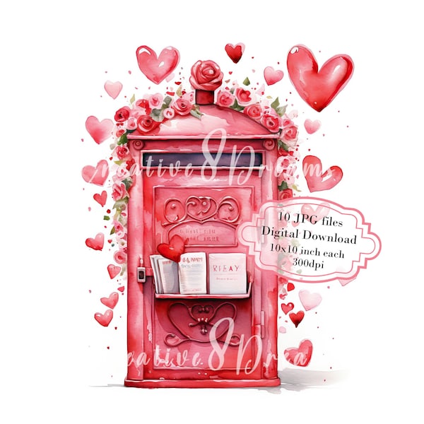 Valentine's Day Post Box Clipart Bundle- 10 High Quality Watercolor JPGs- Love Art, Junk Journaling, Scrapbook Supply, Digital Download