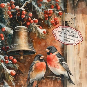 Deux bouvreuils par une cloche Clipart Bundle - 10 JPG aquarelles de haute qualité - vacances d'hiver, journalisation, scrapbooking, téléchargement numérique