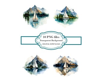 Sailboat on a Lake with Mountain Scenery PNG Clipart Bundle- Digital Download