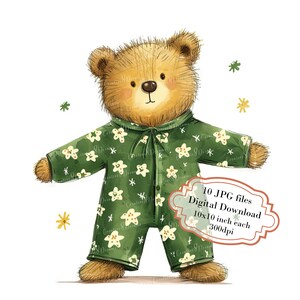 May include: A brown teddy bear wearing green pyjamas with white stars. The pyjamas have a button-up front. The bear is standing on a white background.