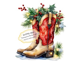 Festive Christmas Cowboy Boots PNG Clipart Bundle- Digital Download