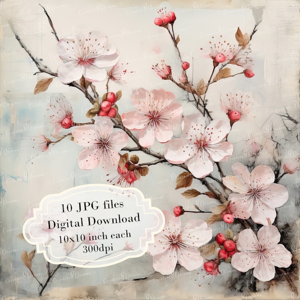 Shabby Chic Japanese Cherry Blossom Paper Clipart Bundle- 10 High Quality Watercolor JPGs- Journaling, Scrapbook Supply, Digital Download