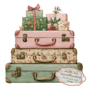 Paquete de imágenes prediseñadas de maletas navideñas vintage en color rosa salvia: 10 archivos JPG en acuarela de alta calidad. Ideal para fiestas, diarios, álbumes de recortes y descargas digitales.