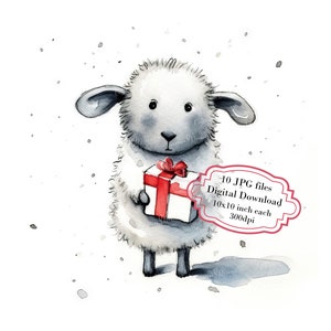 Adorabile raccolta di clipart di pecorelle che portano regali - 10 immagini JPG di acquerelli di alta qualità - Artigianato, journaling, scrapbooking, download digitale