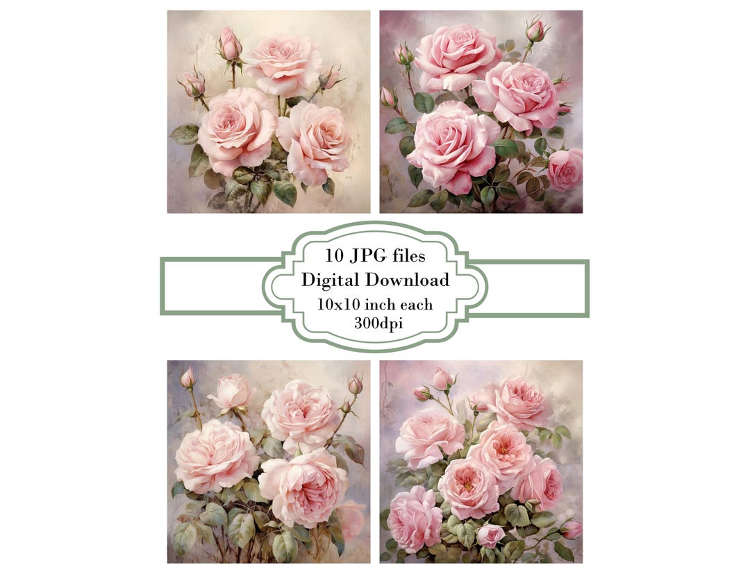 Shabby Chic Pink Roses Aged Paper JPG Clipart Bundle- Digital Download ...