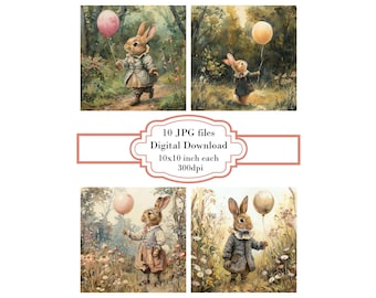 Bunny in Vintage Clothes with Balloon JPG Clipart Bundle- Digital Download
