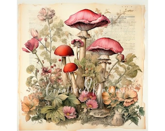 Shabby Chic Mushroom Vintage Newspapers JPG Clipart Bundle- Digital Download