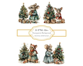 Vintage Christmas Mouse with Presents PNG Clipart Bundle- Digital Download