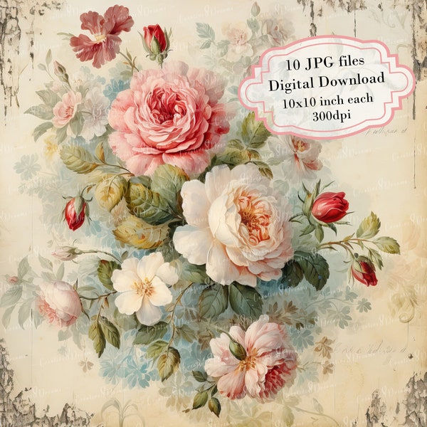 Shabby Chic Baroque Floral Page Clipart Bundle- 10 High Quality Watercolor JPGs- Decoupage, Journaling, Scrapbooking, Digital Download