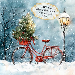 Zestaw Vintage Red Bicycle With Christmas Tree in Winter Clipart Bundle- 10 wysokiej jakości akwareli JPG- Dziennik, album, pobieranie cyfrowe