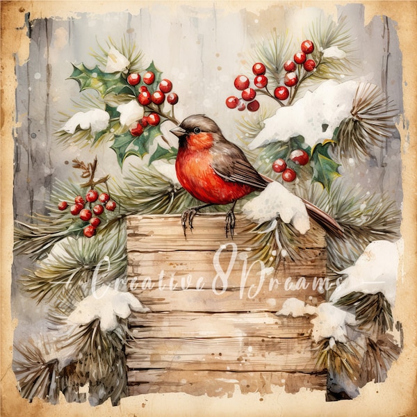 Christmas Birds and Holly Branches Scenery Clipart Bundle- 10 High Quality Watercolor JPGs- Winter, Journaling, Scrapbook, Digital Download