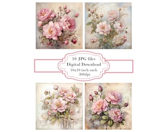 Shabby Chic Wild Roses Aged Paper JPG Clipart Bundle- Digital Download