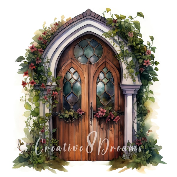 Overgrown Gothic Church Door Clipart Bundle- 10 High Quality Watercolor JPGs- Journaling, Scrapbooking, Commercial Use Digital Download