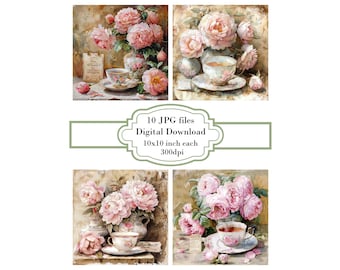 Shabby Chic Cup of Tea with Pink Flowers JPG Clipart Bundle- Digital Download