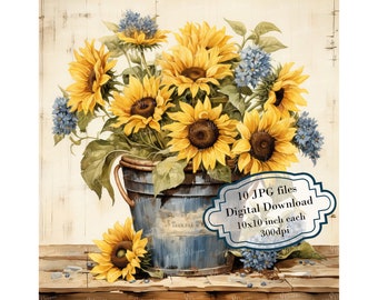 Shabby Chic Sunflowers in Rustic Bucket Clipart Bundle- 10 High Quality Watercolor JPGs-Craft Journaling, Scrapbook Supply, Digital Download