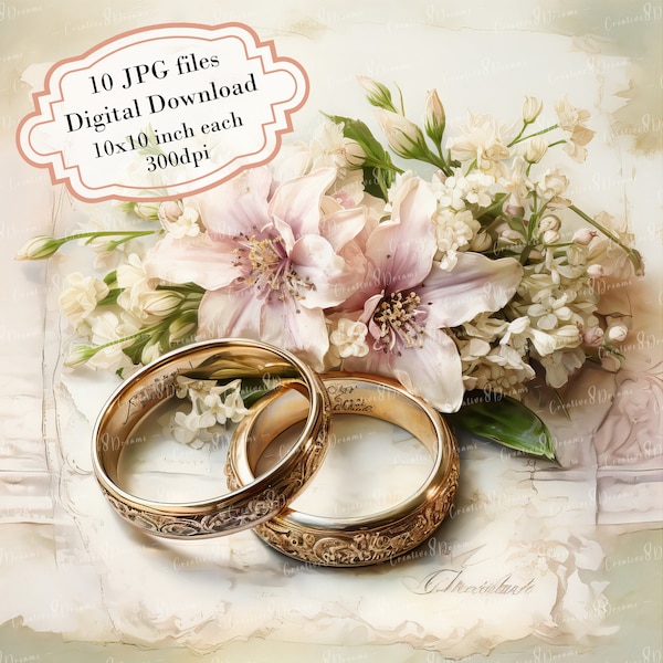 Shabby Chic Floral Wedding Rings Clipart Bundle- 10 High Quality Watercolor JPGs- Love, Decoupage, Journaling, Scrapbook, Digital Download