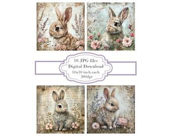Shabby Chic Floral Bunny Vintage Page JPG Clipart Bundle- Digital Download