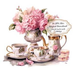 Pacchetto di clipart di "Tè in porcellana dorata vintage con fiori rosa" - 10 immagini JPG di acquerelli di alta qualità - Journaling, Scrapbook, Download digitale