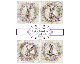 Hare in Flower Wreath Vintage Paper JPG Clipart Bundle- Digital Download