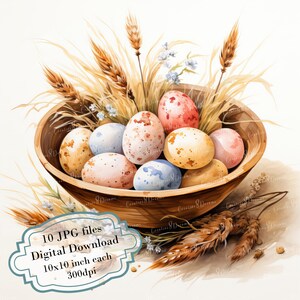 Paquete de imágenes prediseñadas de un cuenco de madera decorado con huevos de Pascua: 10 imágenes en acuarela de alta calidad (JPG). Manualidades, diarios, scrapbooking y descarga digital.