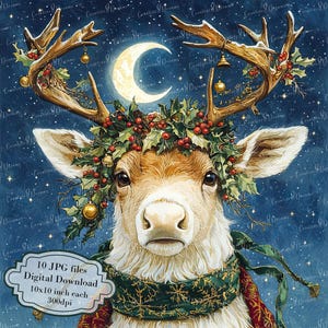Pacchetto di clipart "Renna di Babbo Natale nella notte di Natale" - 10 JPG acquerellati di alta qualità - Vacanze invernali, journaling, album, download digitale