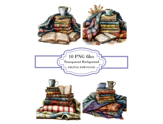Cozy Mug and Books with Autumn Blanket PNG Clipart Bundle- Digital Download
