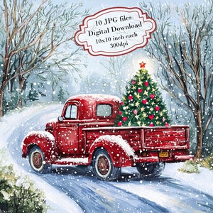 Vintage roter LKW mit Weihnachtsbaum auf der Winterstraße Clipart Bundle - 10 hochwertige Aquarell JPGs - Journaling, Scrapbook Digital Download