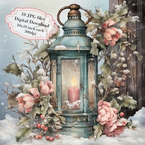 Paquete de imágenes prediseñadas de faroles navideños antiguos estilo shabby chic: 10 imágenes en acuarela de alta calidad (JPG) para decoupage, diario, scrapbooking y descarga digital.