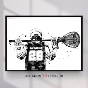 Lacrosse Player Goalie Personalized Name and Number Sport Poster Watercolor Wall Art Gift