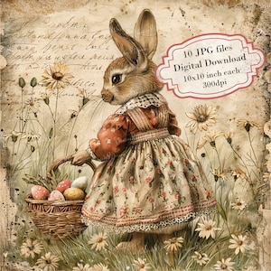 Bunny in Dress with Easter Basket Vintage Page Clipart Bundle- 10 High Quality Watercolor JPGs- Journaling, Scrapbook, Digital Download