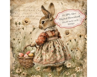 Bunny in Dress with Easter Basket Vintage Page Clipart Bundle- 10 High Quality Watercolor JPGs- Journaling, Scrapbook, Digital Download