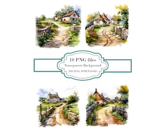 Onverharde weg in landelijk dorpslandschap PNG-clipartbundel-digitale download
