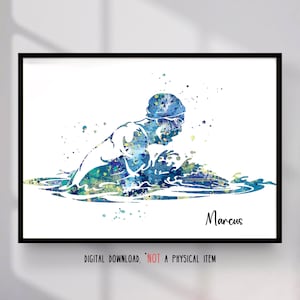 Póster deportivo personalizado con nombre personalizado de nadador, arte de acuarela, regalo imprimible, descarga digital