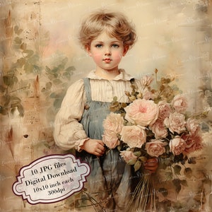Shabby chique vintage jongen met roze rozen verouderd papier clipartbundel-10 hoge kwaliteit aquarel jpg's-journaling, plakboek, digitale download