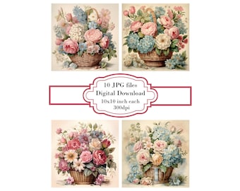 Shabby Chic Basket of Flowers JPG Clipart Bundle- Digital Download