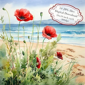 Mohnblumen am Meer Clipart Bundle - 10 hochwertige Aquarell JPGs - Handwerk, Journaling, Scrapbook Versorgung, digitaler Download