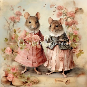 Pacote de clipart de camundongos camponeses vintage chiques e surrados - 10 JPGs em aquarela de alta qualidade - Conto de fadas, artesanato, diário, álbum de recortes, download digital