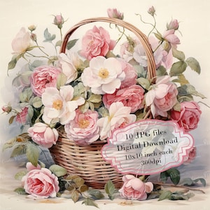 Pacchetto di clipart "Cestino di rose selvatiche in stile shabby chic" - 10 immagini JPG ad acquerello di alta qualità - Forniture per giardinaggio, journaling, scrapbooking, download digitale