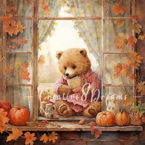 Teddy Bear in Autumn Window Scenery Clipart Bundle- 10 High Quality ...