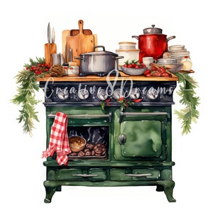 Retro Christmas Kitchen Stove JPG Clipart Bundle- Digital Download