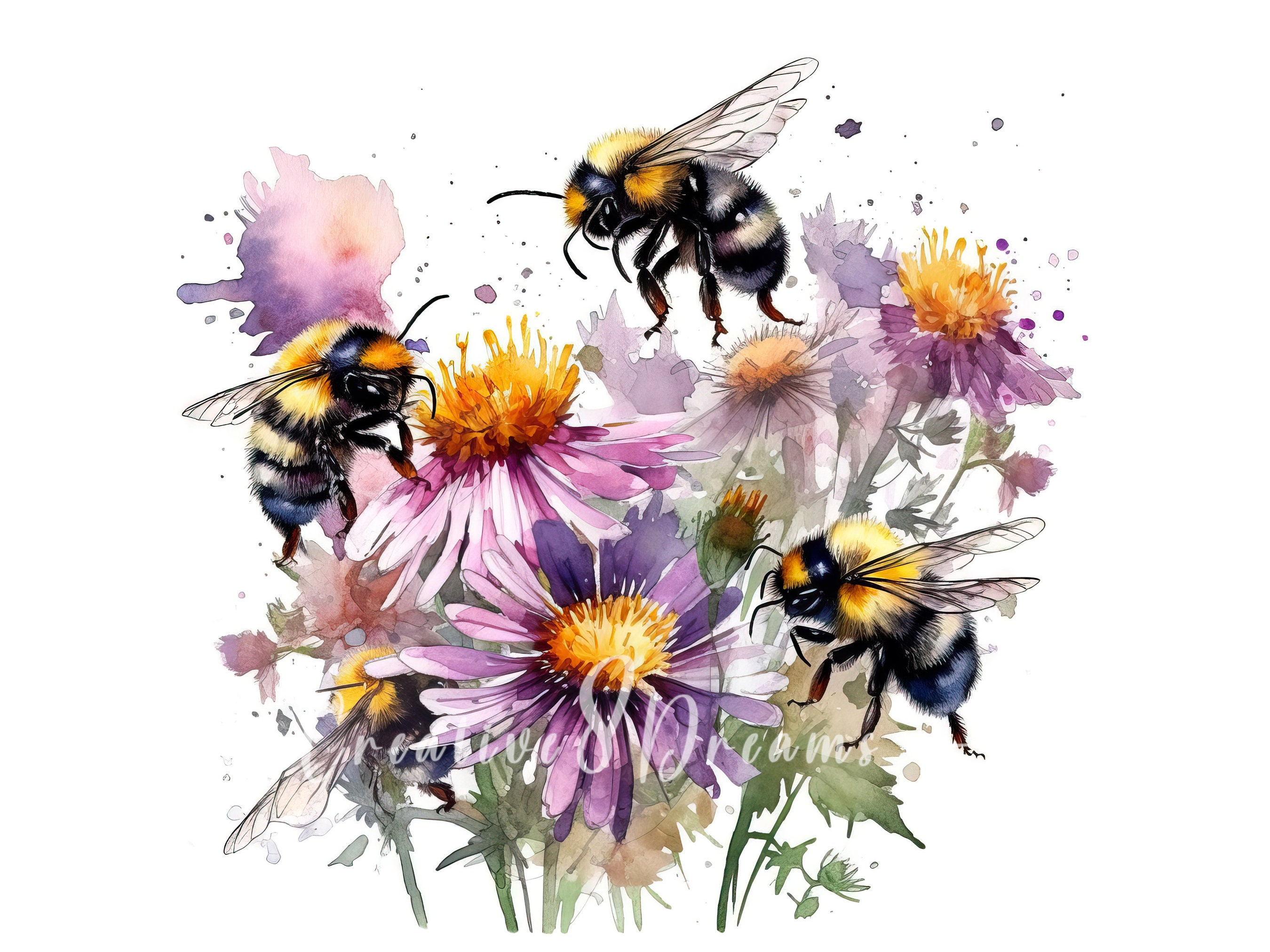 Bumblebees on Wildflowers Clipart Bundle- 10 High Quality Watercolor JPGs- Meadow, Journaling, Scrapbooking, Commercial Use Digital Download